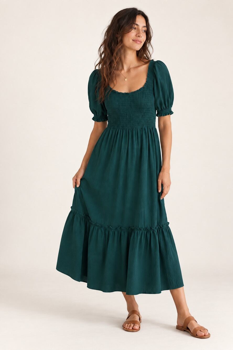 Hill House Home The Nap Dress Green Smocked Puff Sleeve Midi Dress M